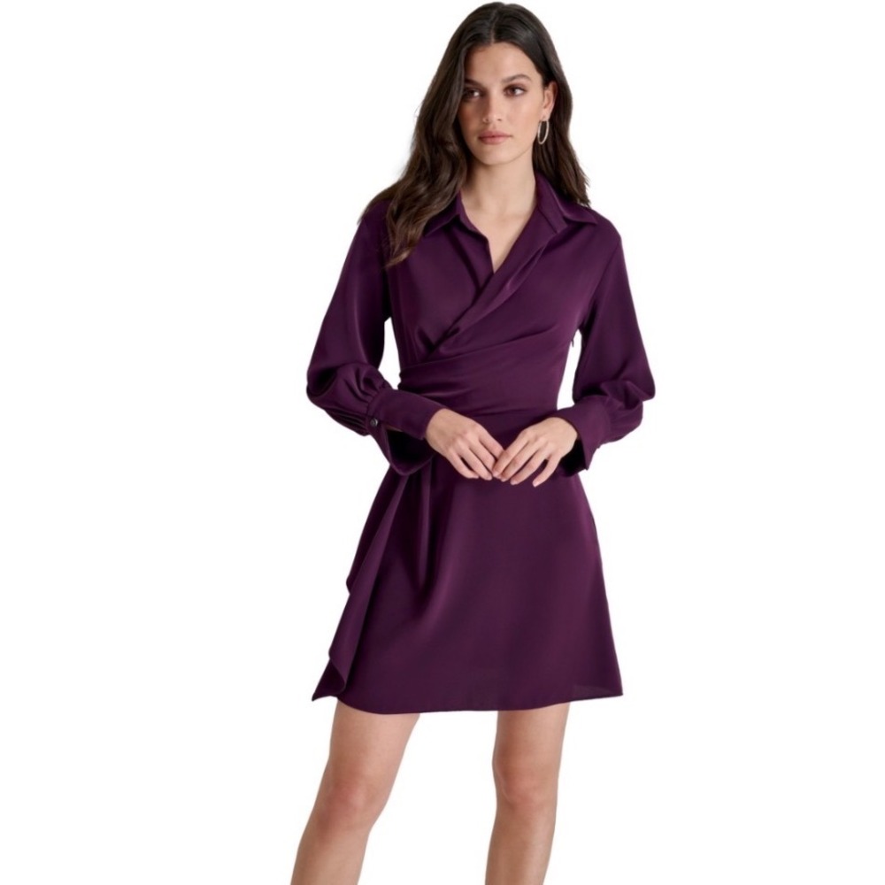 DKNY Wrap Mini Dress Women 4 New Purple Long Sleeve Pleated MSRP $134